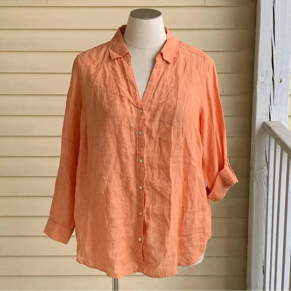 Sigrid Olsen 100% Linen Button Up Blouse Top Roll Tab Sleeves Plus 1X  Coral NWT - Picture 2 of 9